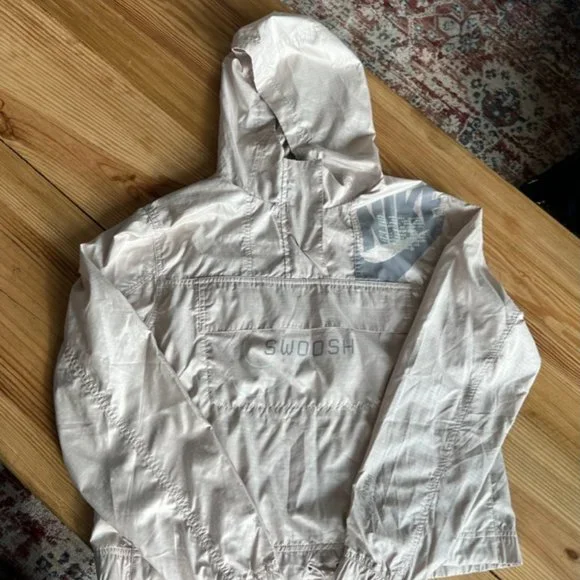 Nike Zip Up Elastic Hem Cuff Long Sleeve Hoodie Jacket Windbreaker Beige Sz S - Picture 2 of 5